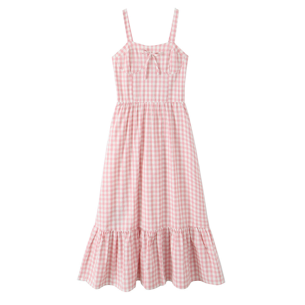 French Retro Plaid Lace-Up Bow Strap Large Swing Dress