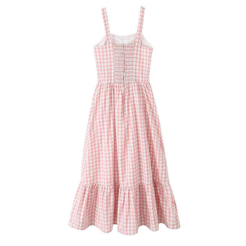 French Retro Plaid Lace-Up Bow Strap Large Swing Dress