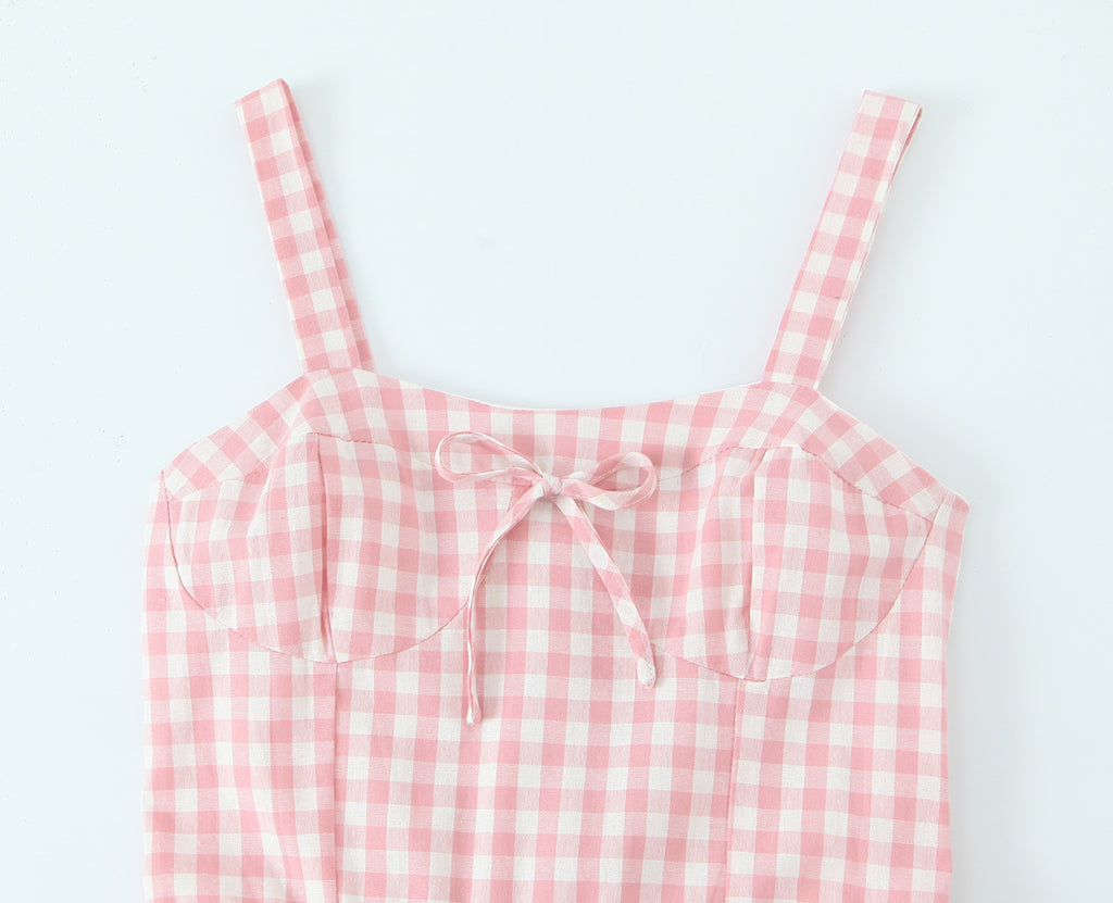 French Retro Plaid Lace-Up Bow Strap Large Swing Dress