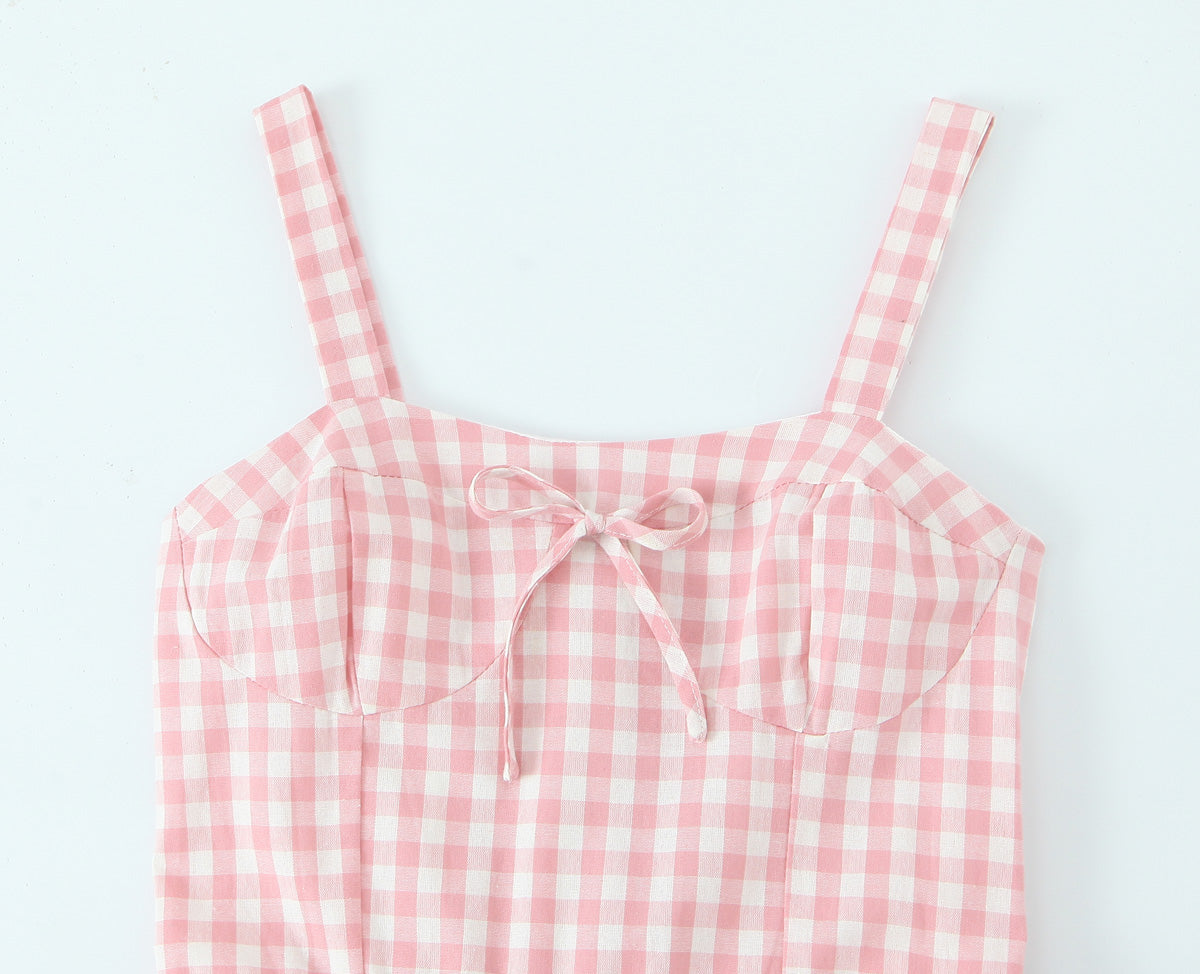 French Retro Plaid Lace-Up Bow Strap Large Swing Dress