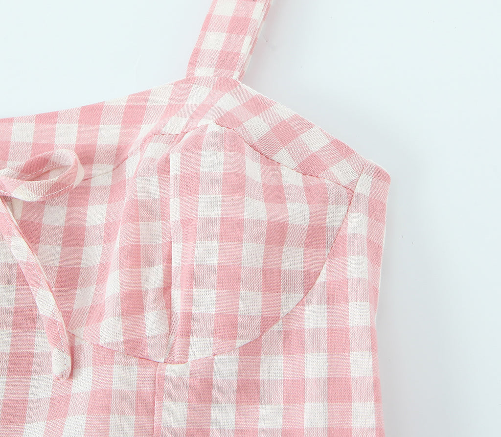 French Retro Plaid Lace-Up Bow Strap Large Swing Dress