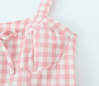 French Retro Plaid Lace-Up Bow Strap Large Swing Dress
