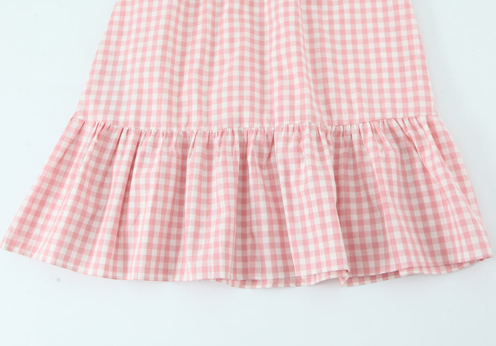 French Retro Plaid Lace-Up Bow Strap Large Swing Dress