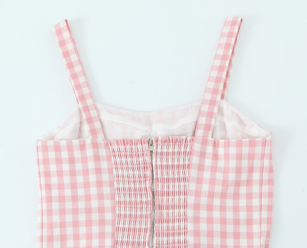 French Retro Plaid Lace-Up Bow Strap Large Swing Dress
