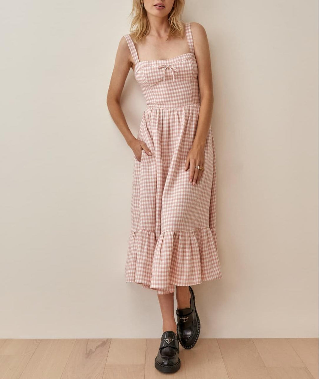 French Retro Plaid Lace-Up Bow Strap Large Swing Dress