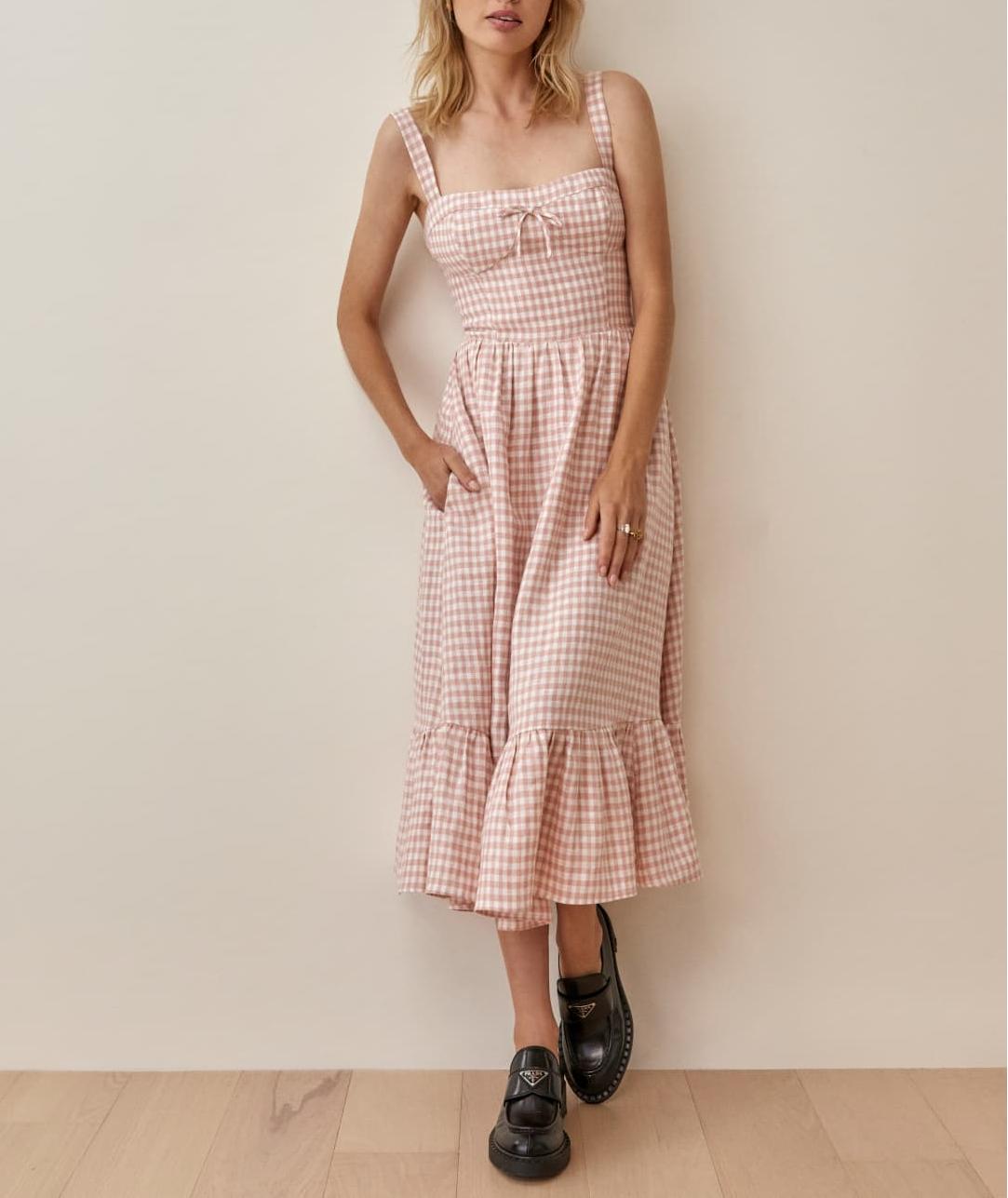 French Retro Plaid Lace-Up Bow Strap Large Swing Dress