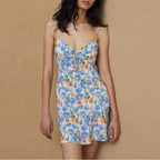 French Little Daisy Printed Lace Up Bow V Neck Strap Dress