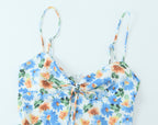 French Little Daisy Printed Lace Up Bow V Neck Strap Dress