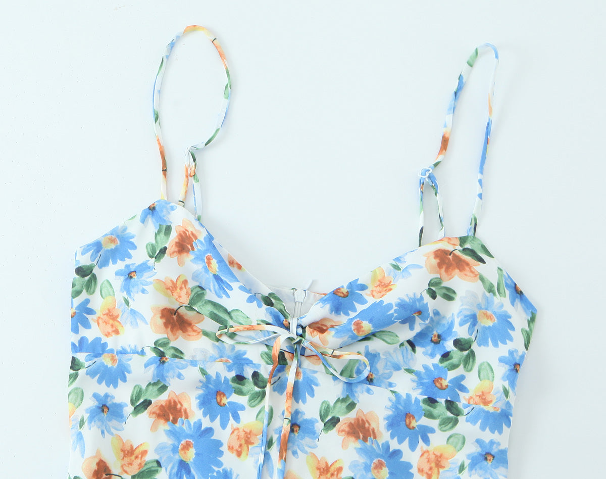 French Little Daisy Printed Lace Up Bow V Neck Strap Dress