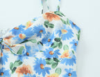French Little Daisy Printed Lace Up Bow V Neck Strap Dress