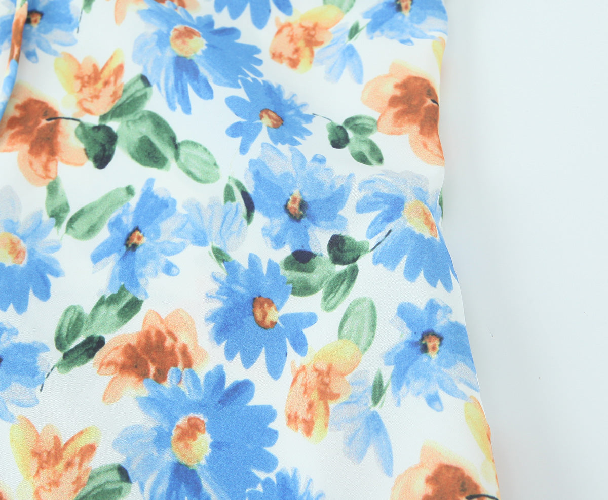 French Little Daisy Printed Lace Up Bow V Neck Strap Dress