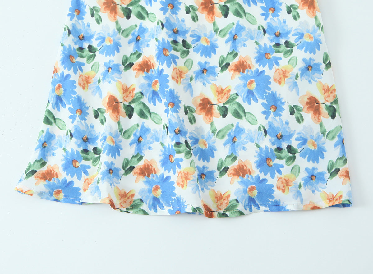 French Little Daisy Printed Lace Up Bow V Neck Strap Dress