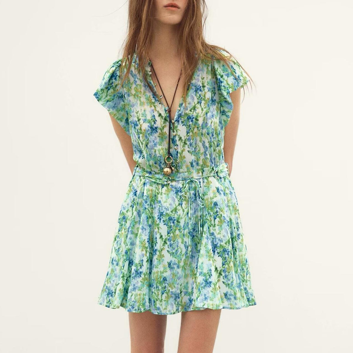 Temperamental Lace Printing Shirt Mini Dress