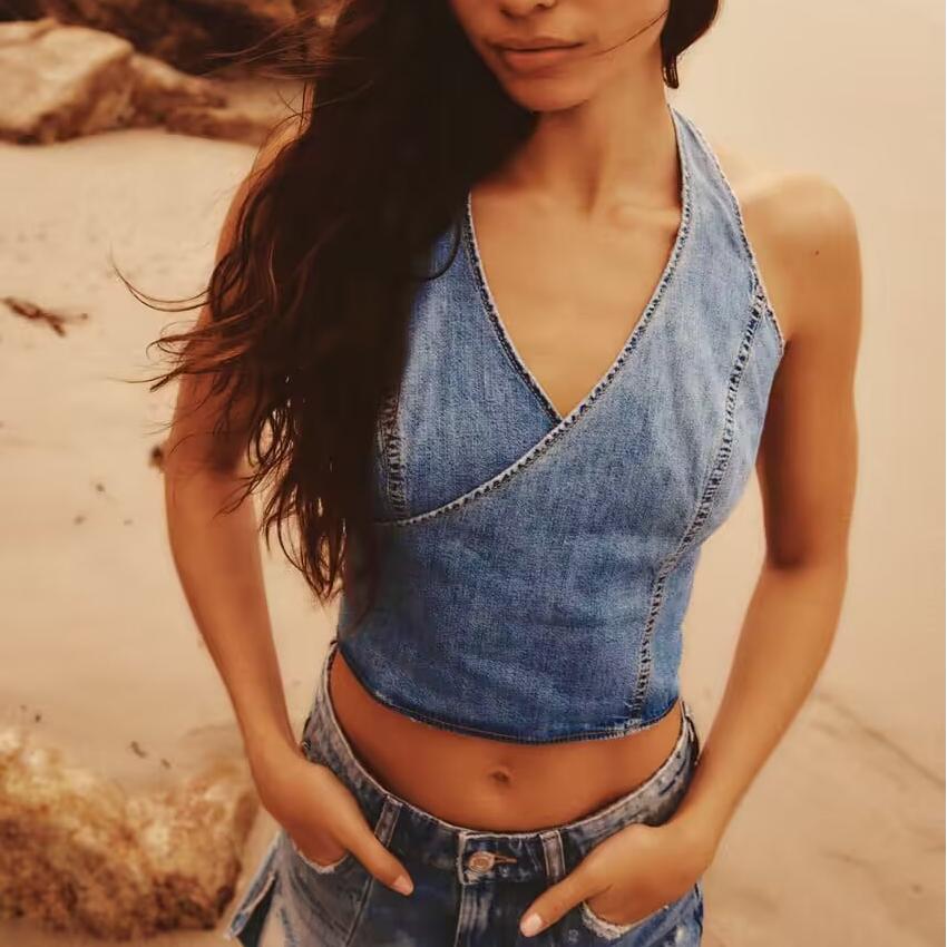 's Backless Double Breasted Hanging Collar Bow Denim Short Top