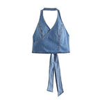 's Backless Double Breasted Hanging Collar Bow Denim Short Top