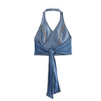 's Backless Double Breasted Hanging Collar Bow Denim Short Top