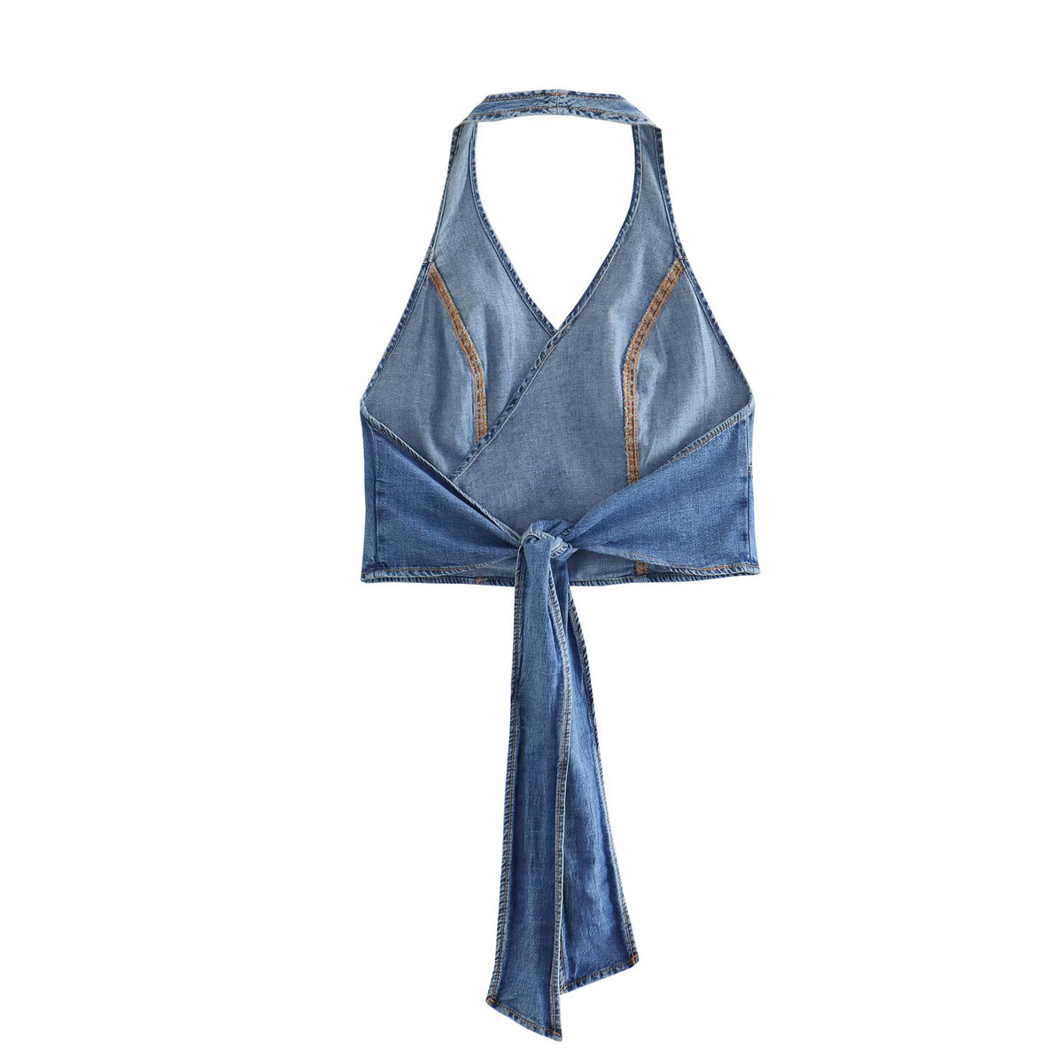 's Backless Double Breasted Hanging Collar Bow Denim Short Top
