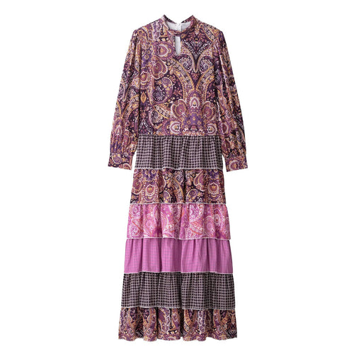 Summer Women Clothing Stitching Printing Pullover Stand Collar Long Sleeve Multi Layer Cake Maxi Dress