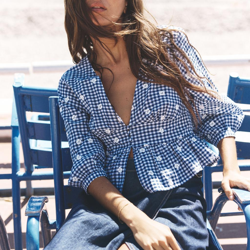 Women's Embroidered Plaid V-Neck Blouse