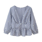 Women's Embroidered Plaid V-Neck Blouse