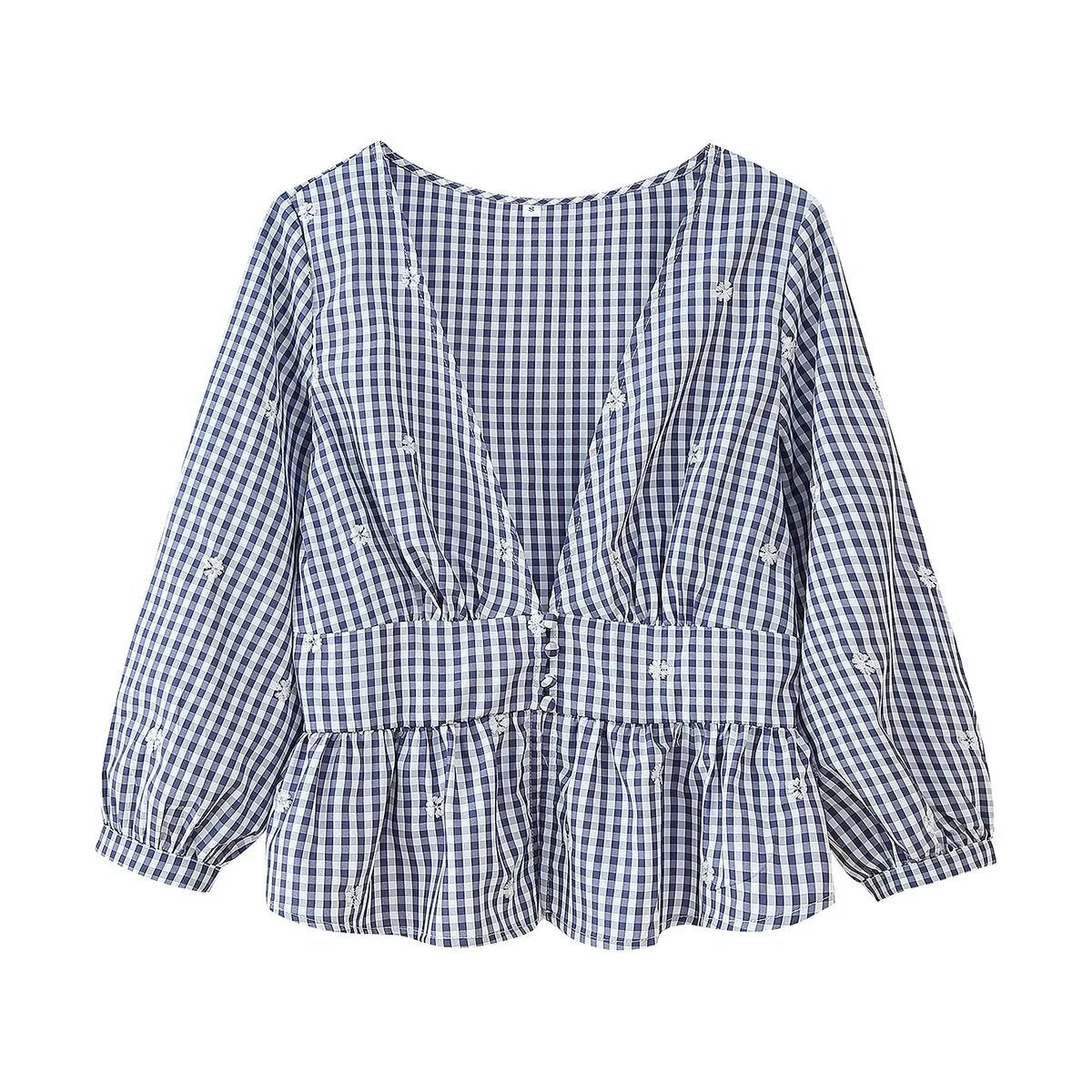 Women's Embroidered Plaid V-Neck Blouse