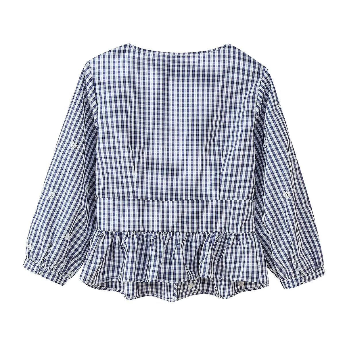 Women's Embroidered Plaid V-Neck Blouse
