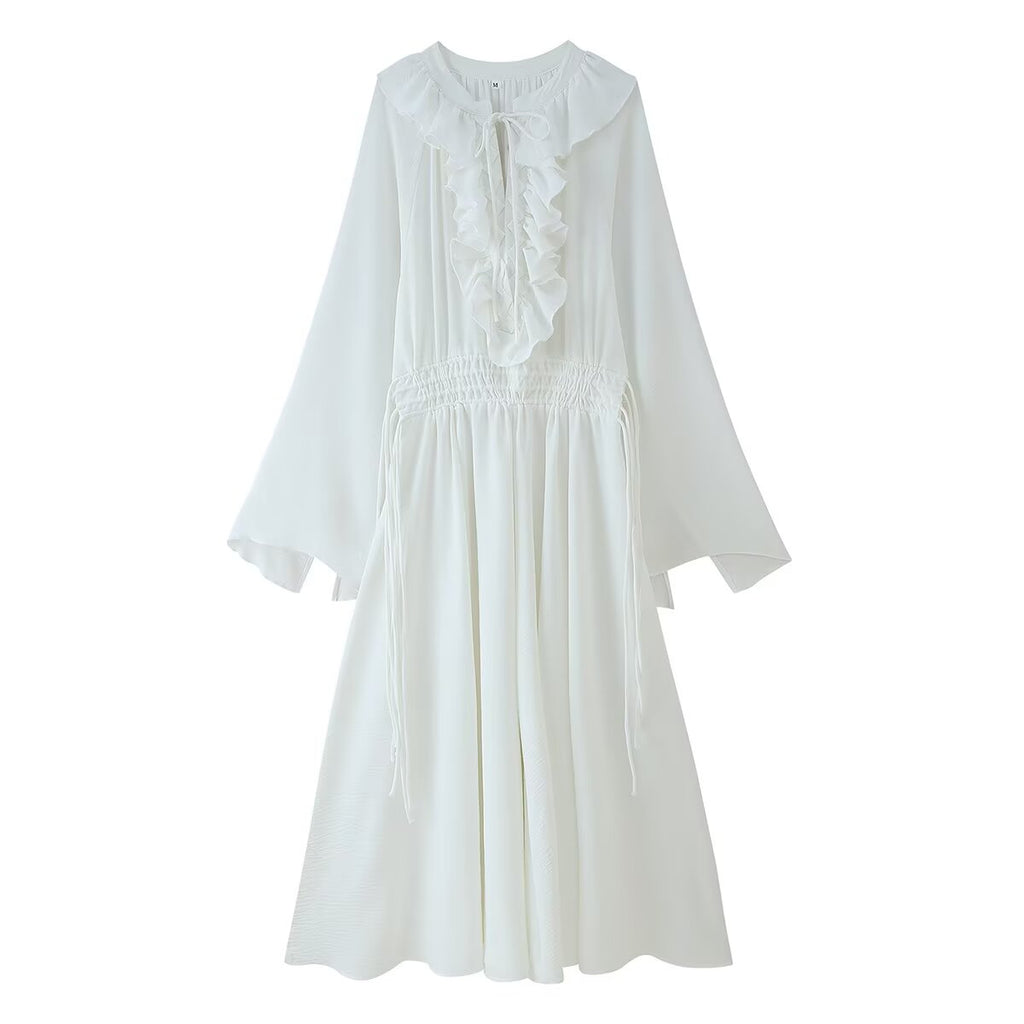 Ruffled Tie-Neck Long Sleeve A-Line Midi Dress