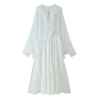 Ruffled Tie-Neck Long Sleeve A-Line Midi Dress