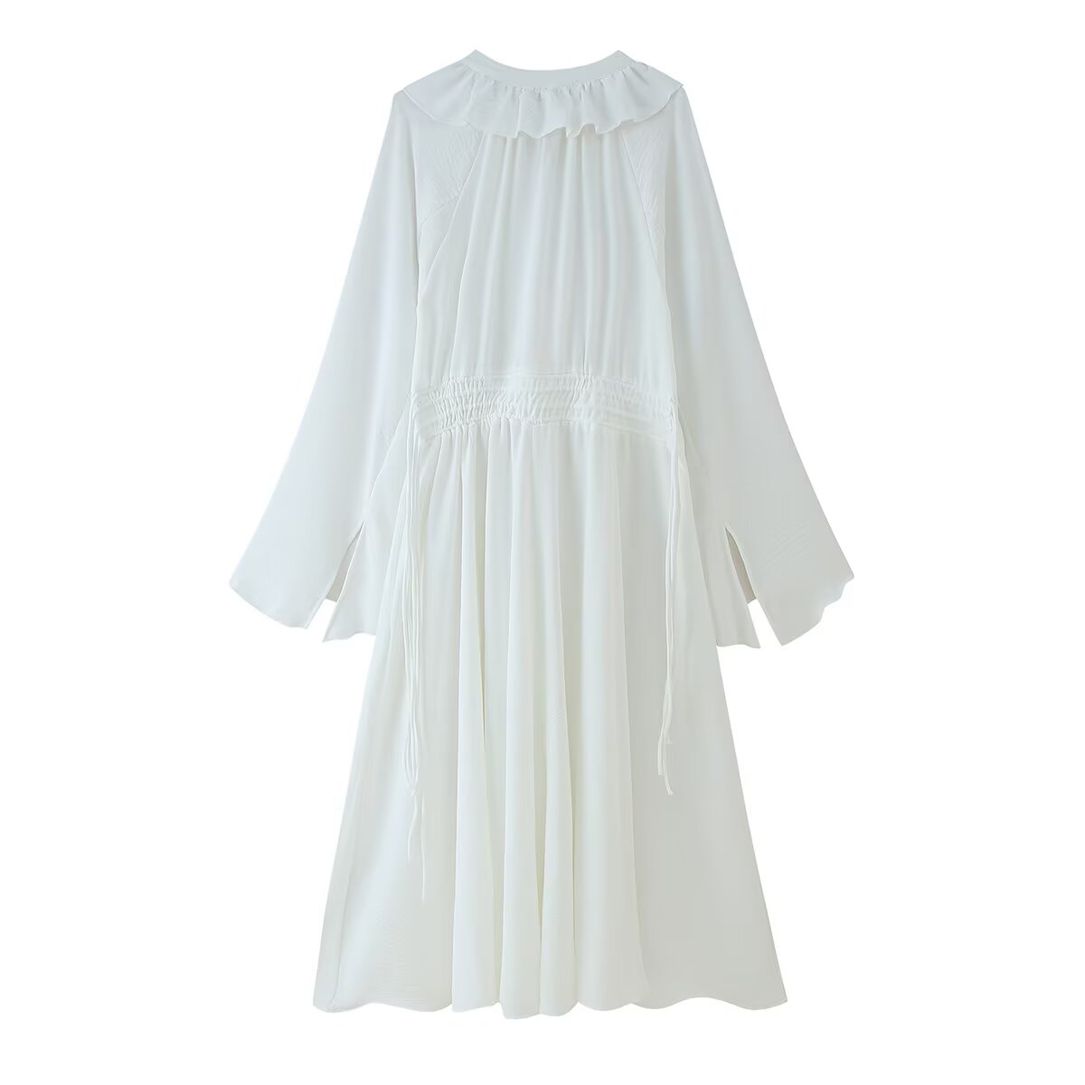 Ruffled Tie-Neck Long Sleeve A-Line Midi Dress