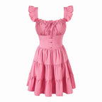 Women's Coral Red Square Neck Ruffle Summer Dress