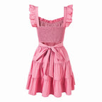 Women's Coral Red Square Neck Ruffle Summer Dress