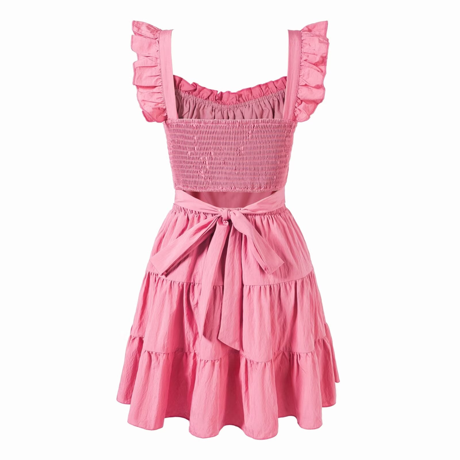 Women's Coral Red Square Neck Ruffle Summer Dress