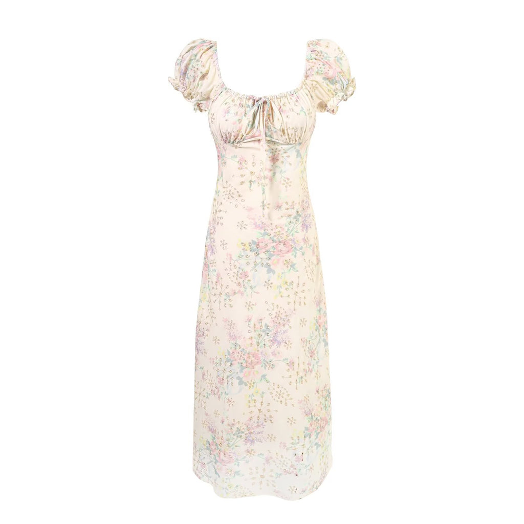 Women's Floral Square Neck Puff Sleeve Bodycon Maxi Dress