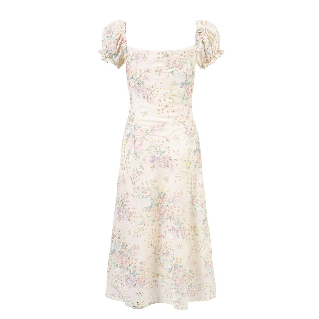 Women's Floral Square Neck Puff Sleeve Bodycon Maxi Dress