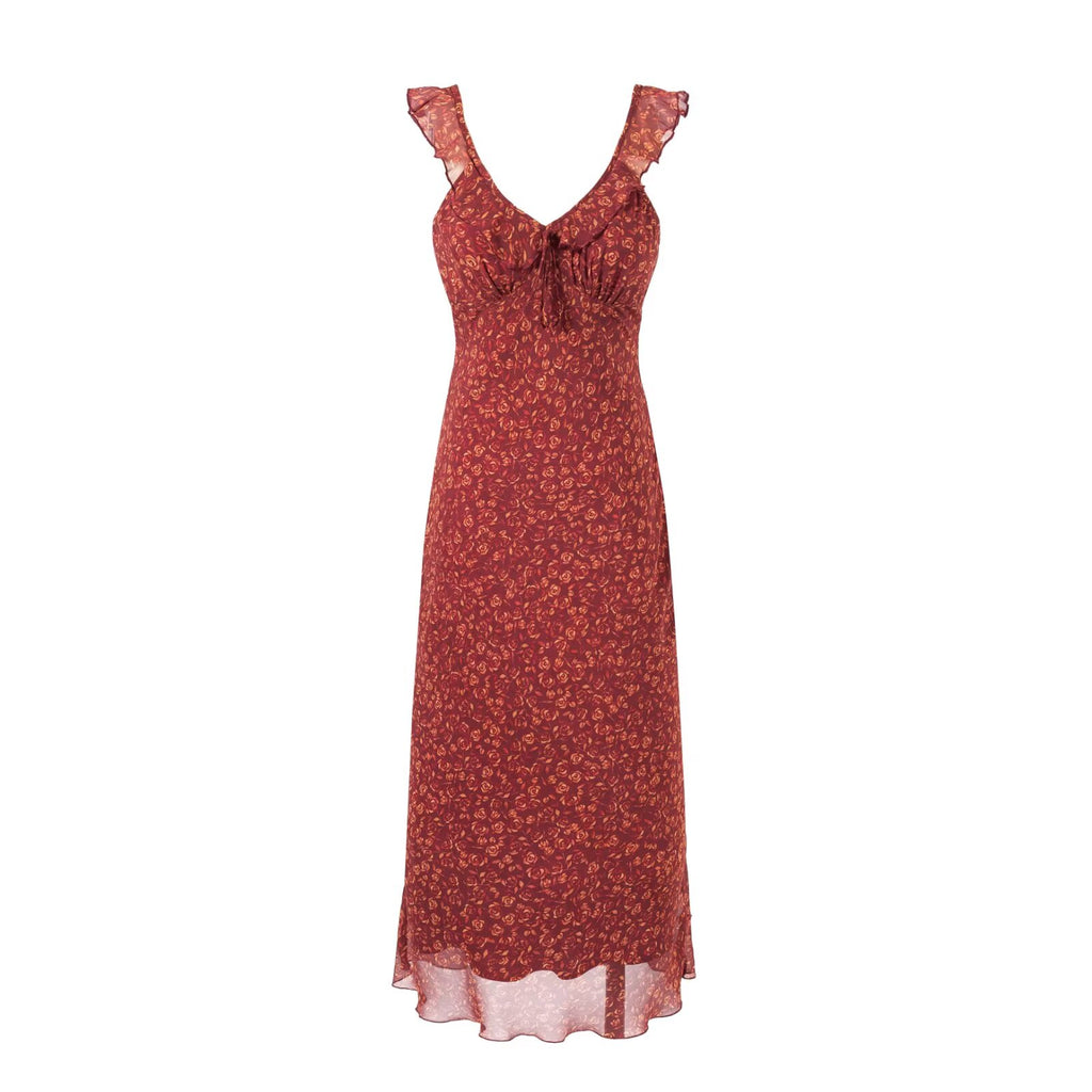 Women's V-Neck Floral Tie Ruffle Ruched Sleeveless A-Line Midi Dress