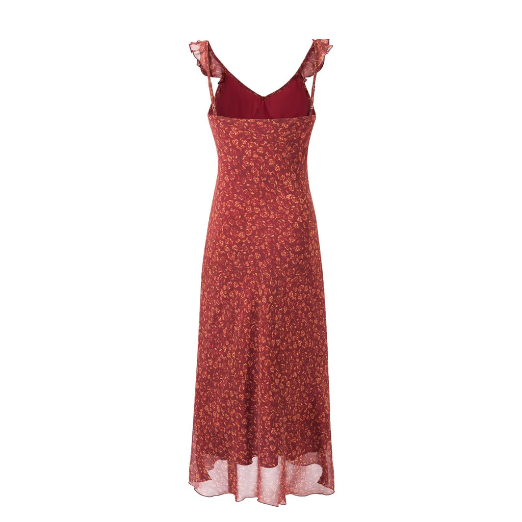 Women's V-Neck Floral Tie Ruffle Ruched Sleeveless A-Line Midi Dress