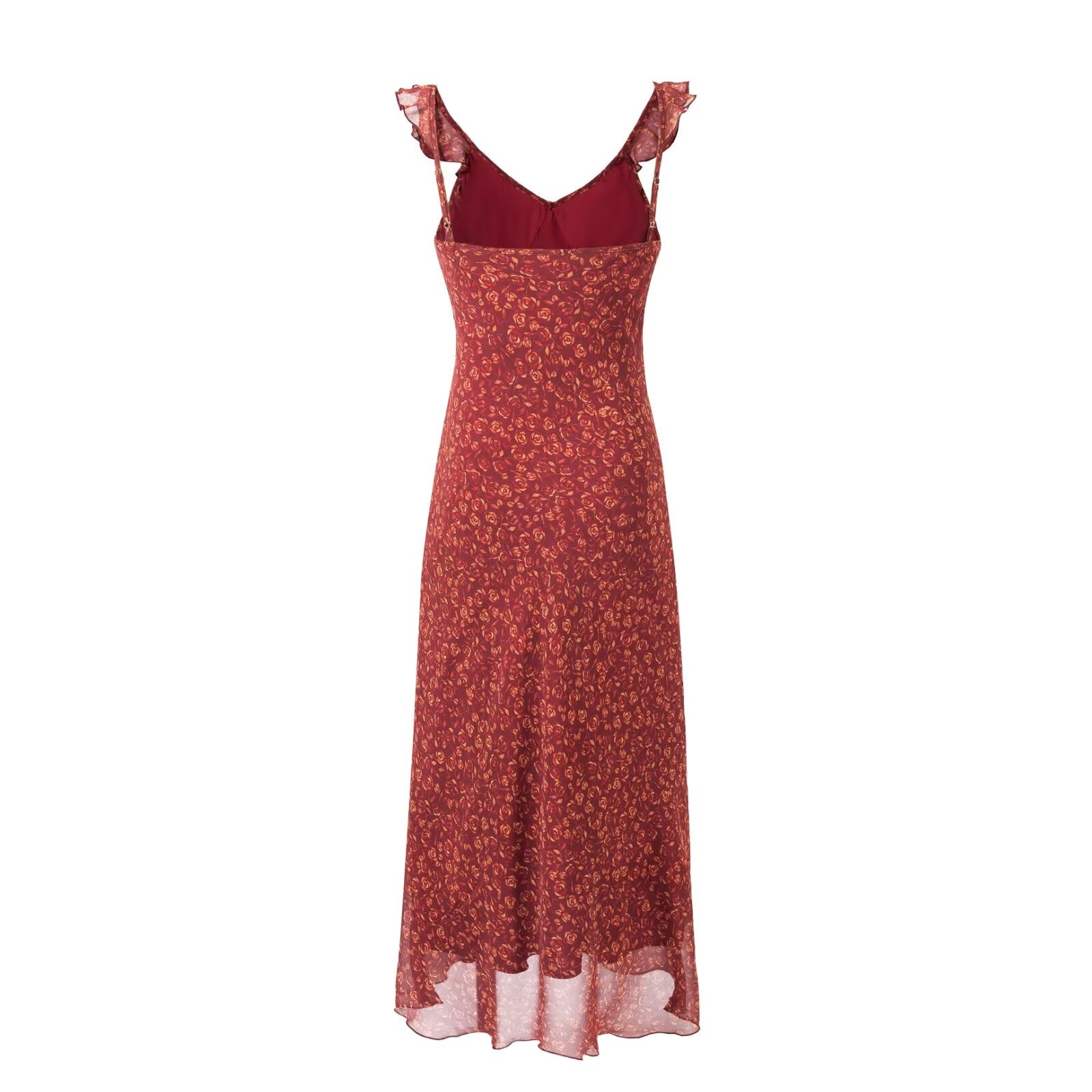 Women's V-Neck Floral Tie Ruffle Ruched Sleeveless A-Line Midi Dress