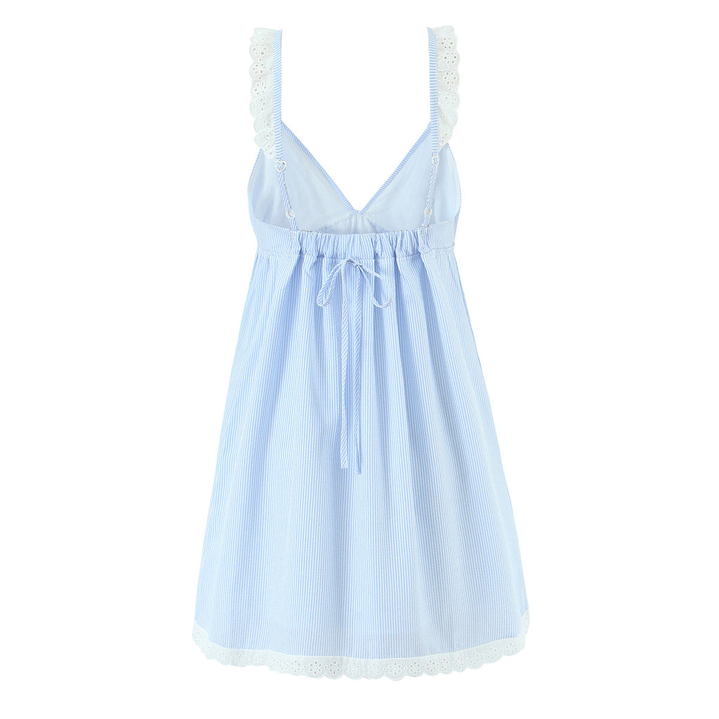 V-Neck Lace Patchwork Stripes Suspender Lace Vacation Backless Dress