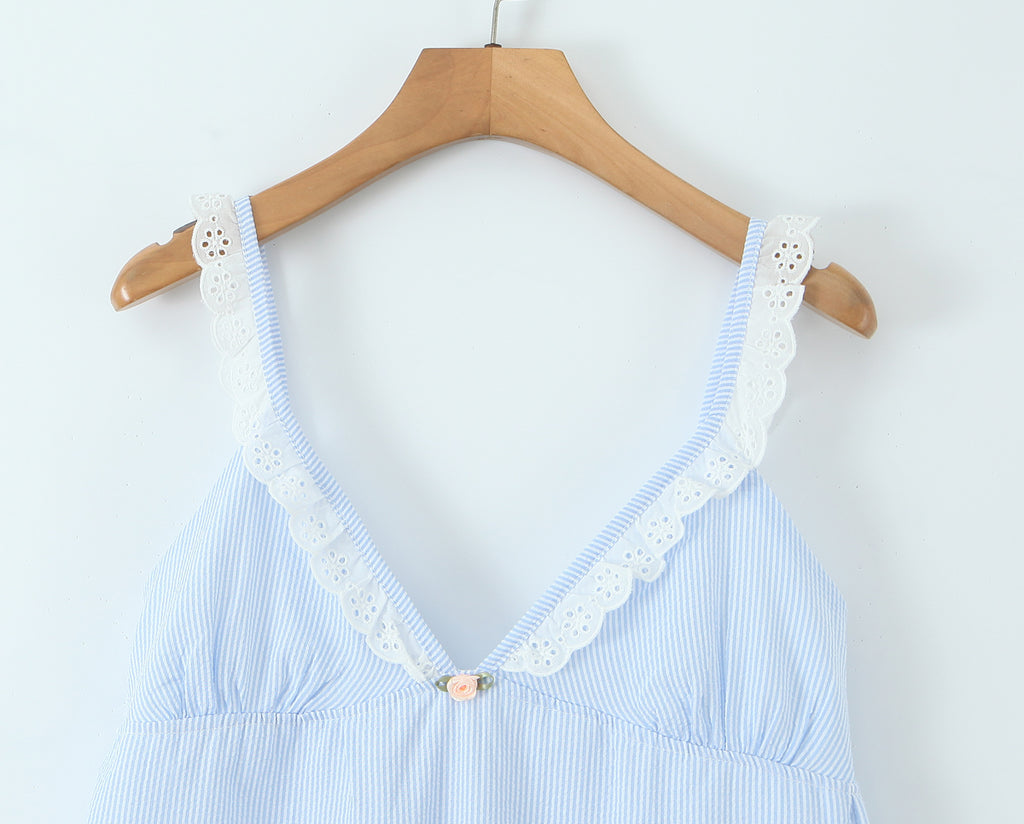 V-Neck Lace Patchwork Stripes Suspender Lace Vacation Backless Dress