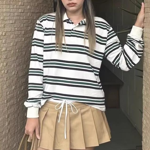 Women's Women’s Retro Striped Long Sleeve Polo Shirt