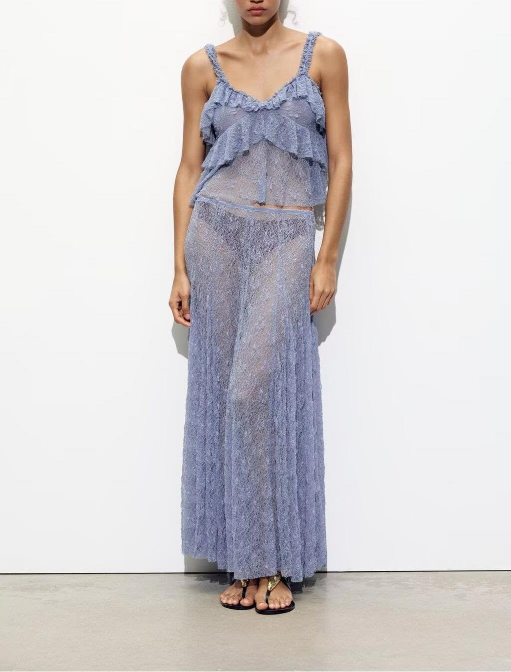Women's Summer Lace Laminated Decoration Top and Skirt Two-Piece Set