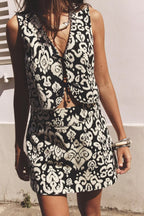 Women's At Printed V-Neck Sleeveless Vest Waistcoat Shorts Two Piece