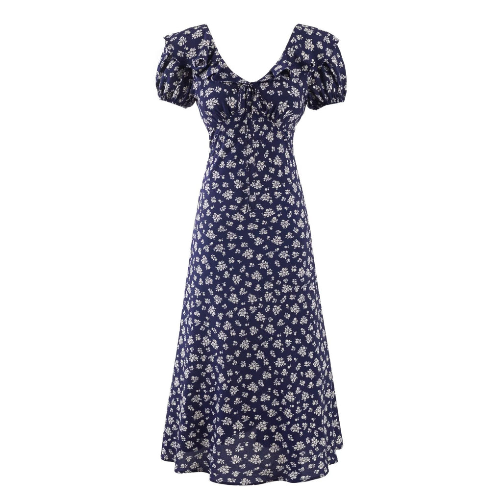 Women's Navy Floral V-Neck Puff-Sleeve Maxi Dress
