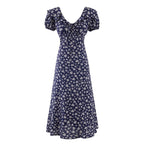 Women's Navy Floral V-Neck Puff-Sleeve Maxi Dress