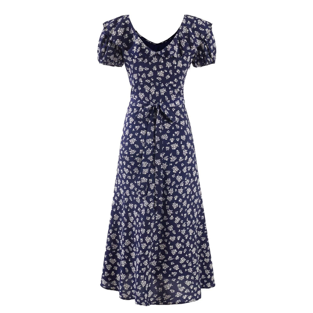 Women's Navy Floral V-Neck Puff-Sleeve Maxi Dress