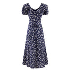 Women's Navy Floral V-Neck Puff-Sleeve Maxi Dress