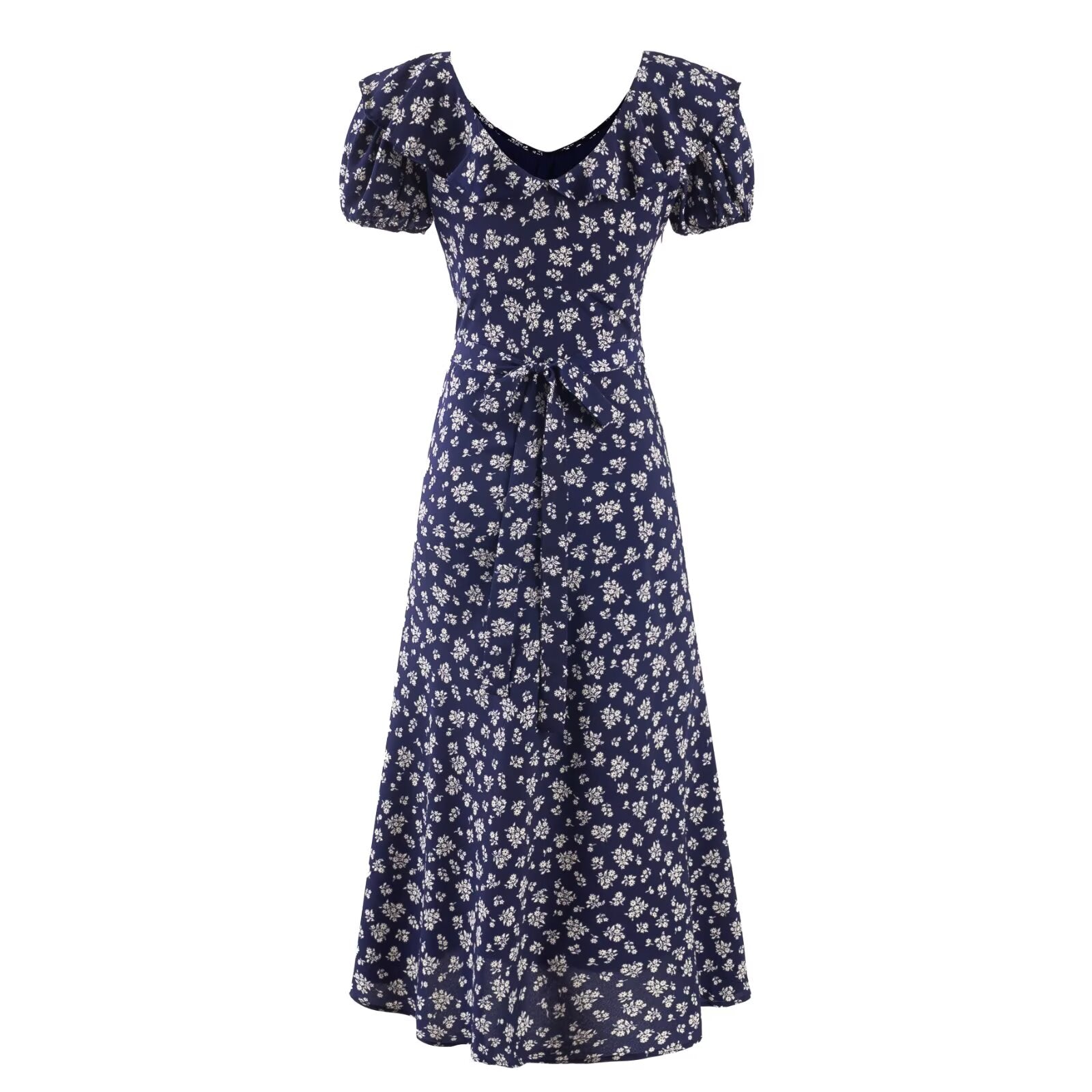 Women's Navy Floral V-Neck Puff-Sleeve Maxi Dress