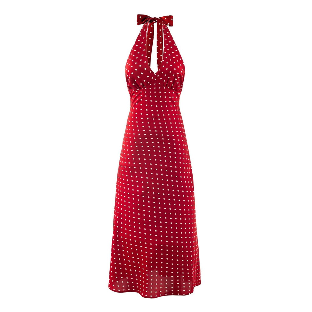 Women's Summer Vacation Polka Dot Printed Sexy V Neck Halter Backless Dress