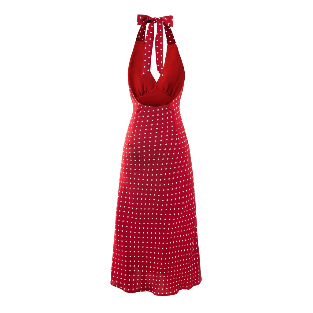Women's Summer Vacation Polka Dot Printed Sexy V Neck Halter Backless Dress