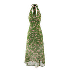 Green Floral Halter Backless Vacation Midi Dress